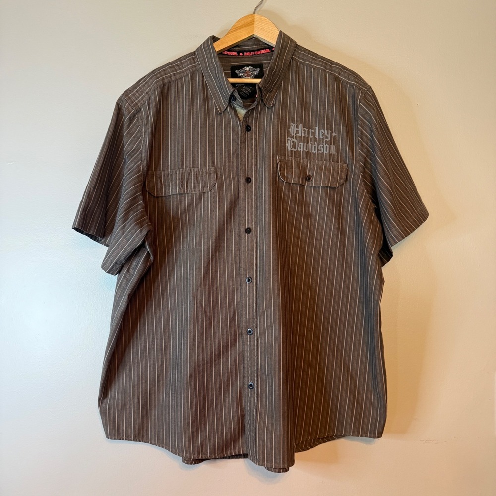 Harley Davidson Mens 3XL Brown Pinstripe Short Sleeve Button Up Biker Shirt Logo